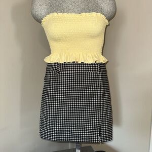 Forever 21 sz M Yellow Strapless Top Black & White Checkered Mini Skirt 2 Pc Set